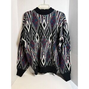 Vintage McGregor Mens Large Geometric Diamond Knit Sweater Mock Neck Black Multi